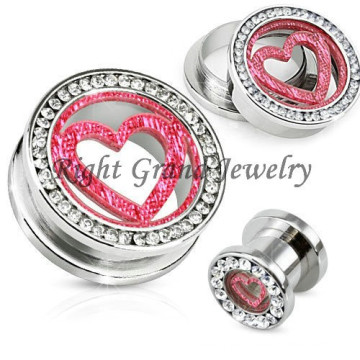 316L brillo de acero quirúrgico corazón Multi de cristal oído expansor joyería del cuerpo